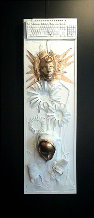 Evolution 18"x48x8" plastic , tin, latex, leather & enamel on wood
