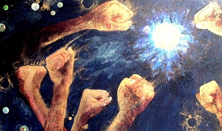 "We Rise" acrylic, enamel & oil on panel 30"x70"